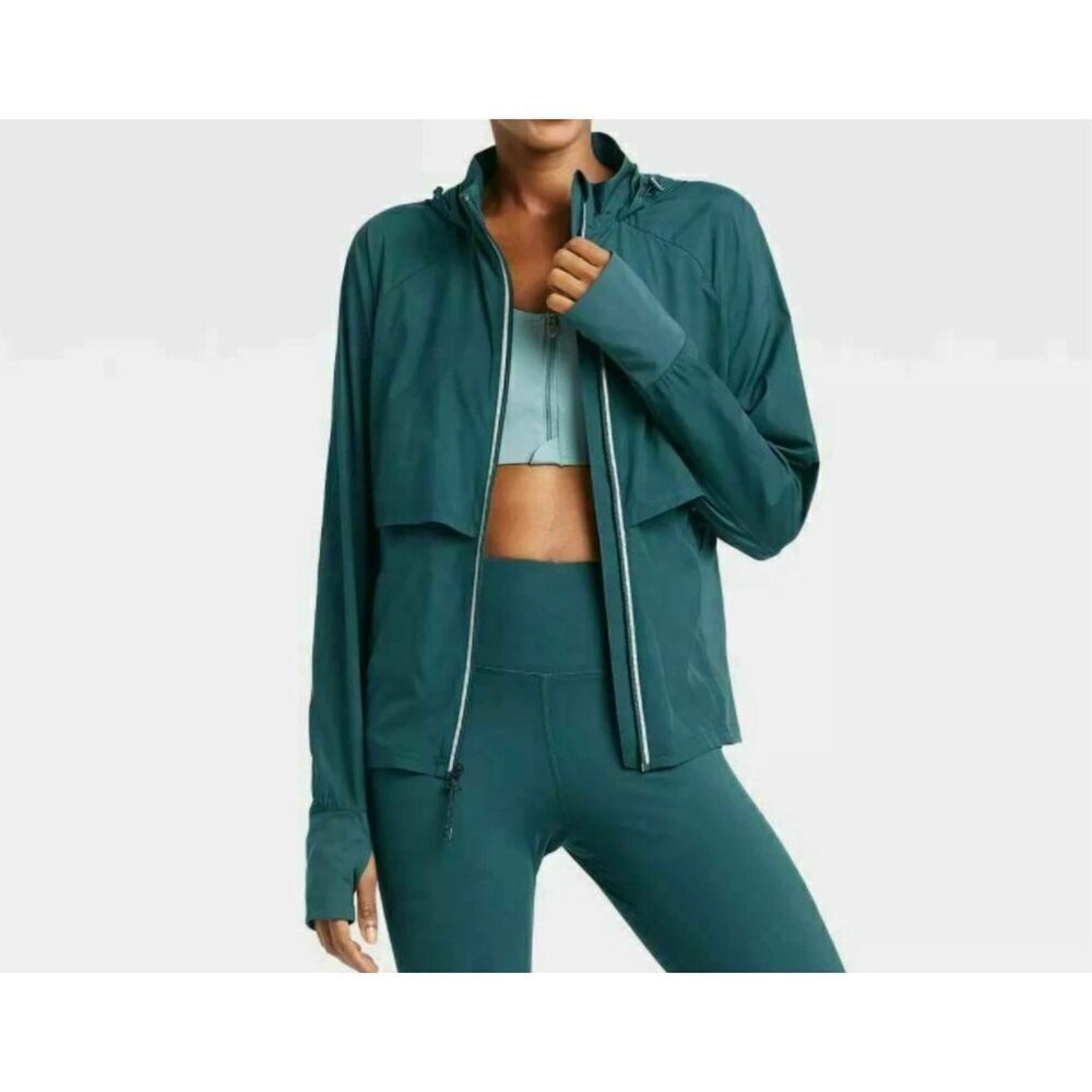 All in Motion Women's Run Track Sport Jacket Hooded Windbreaker Teal Size S